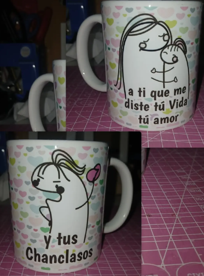 Collage de una taza realizada por Titi, con frases e ilustraciones para mamá